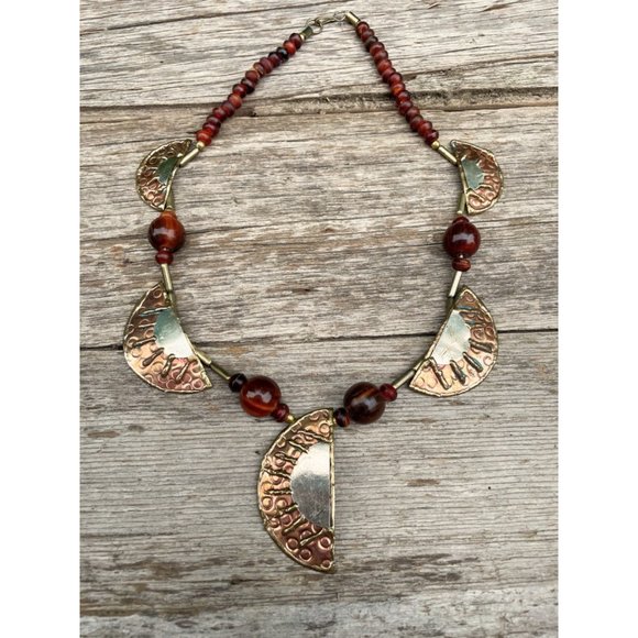 unbranded Jewelry - Vintage Bakelite Beaded Necklace Brutalist Brass copper Half Medallions